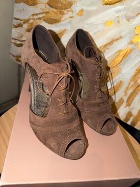 J. Crew Brown Suede Peep-Toe Lace-Up Heels